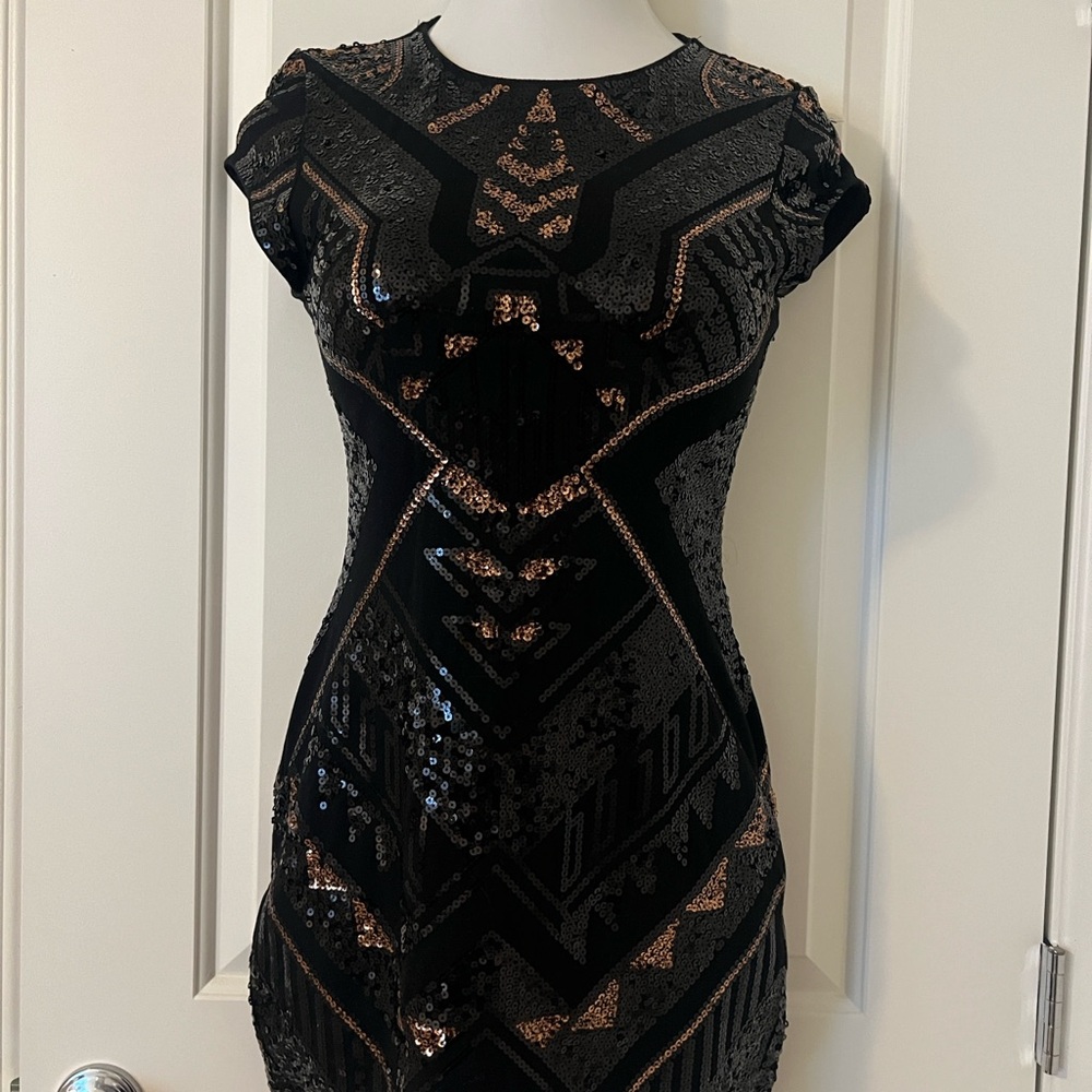 Express Black and Gold Sequin Mini Dress